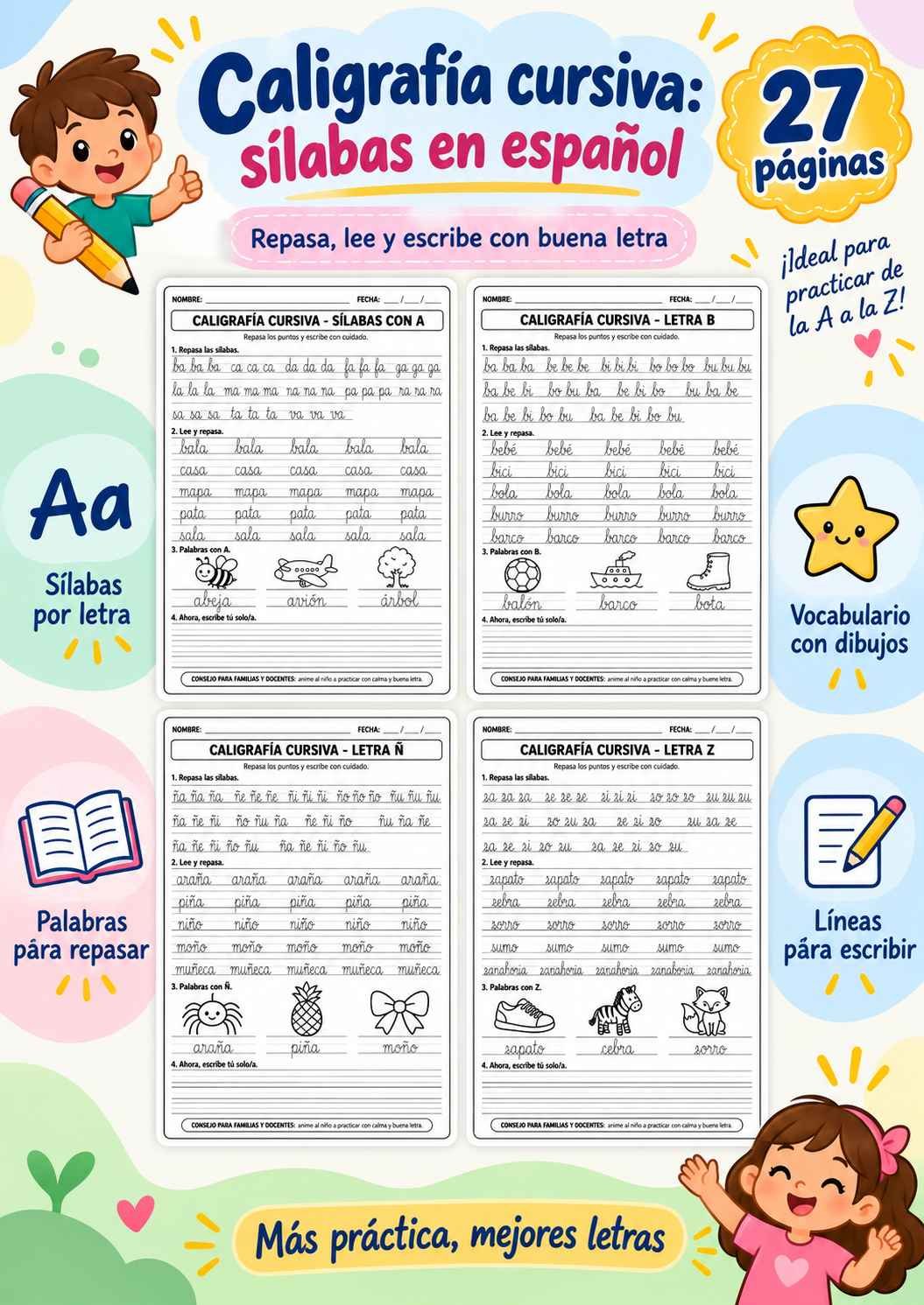 Vista previa del cuaderno de caligrafía cursiva con sílabas en español