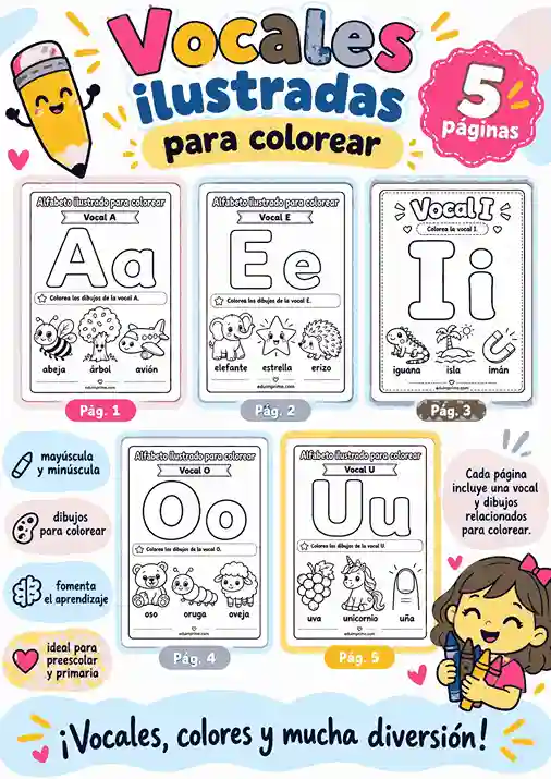Vocales ilustradas para colorear