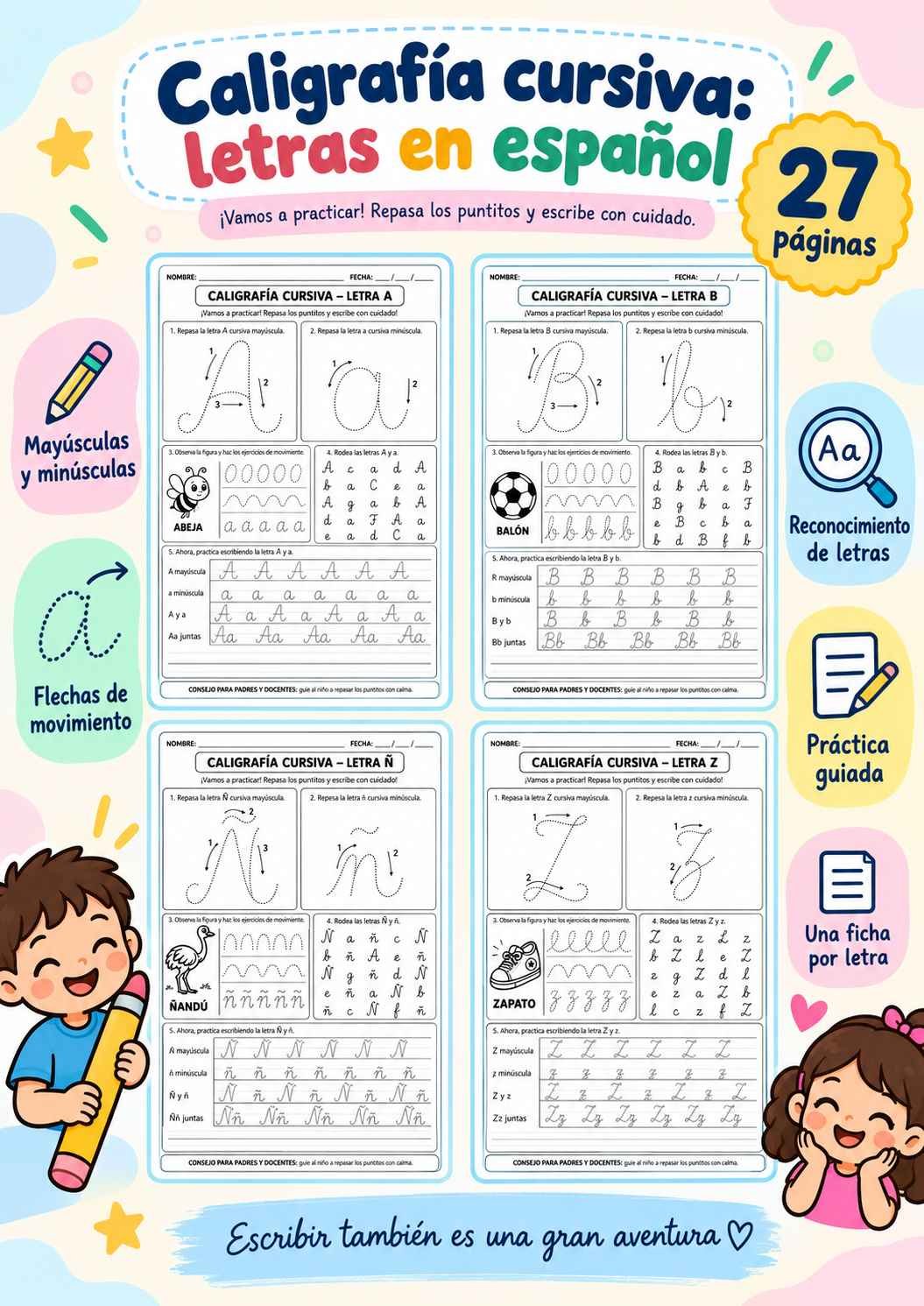 Vista previa del cuaderno de letras cursivas del abecedario en español