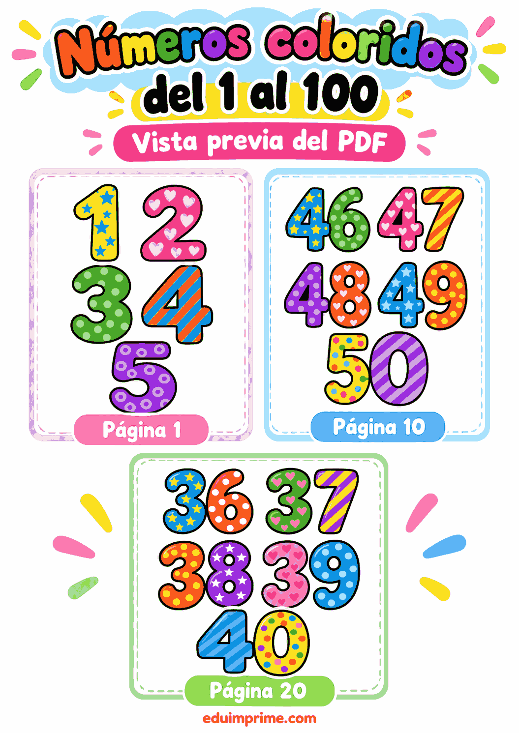 Vista previa de los números coloridos del 1 al 100