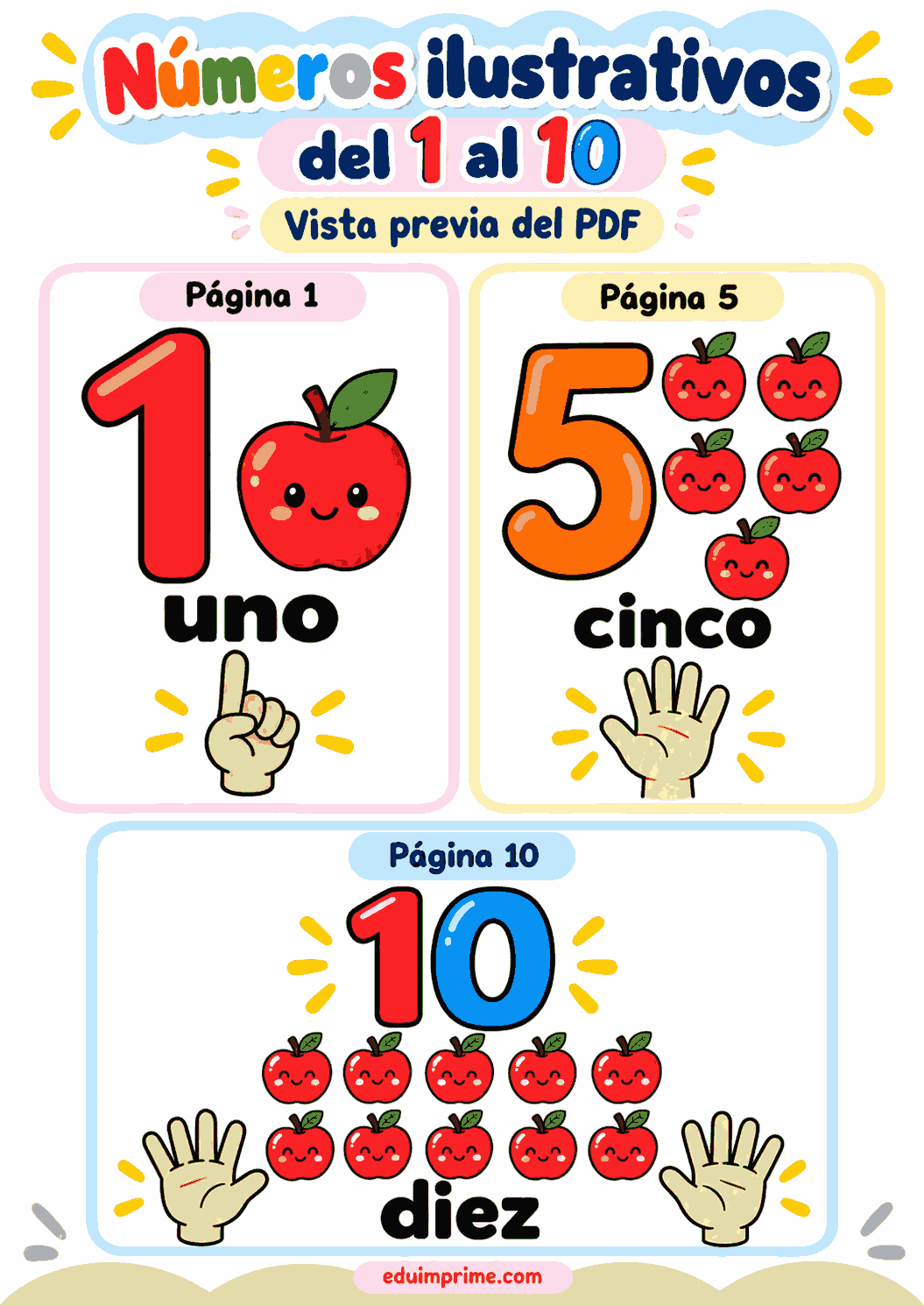Vista previa de los números del 1 al 10 con dibujos