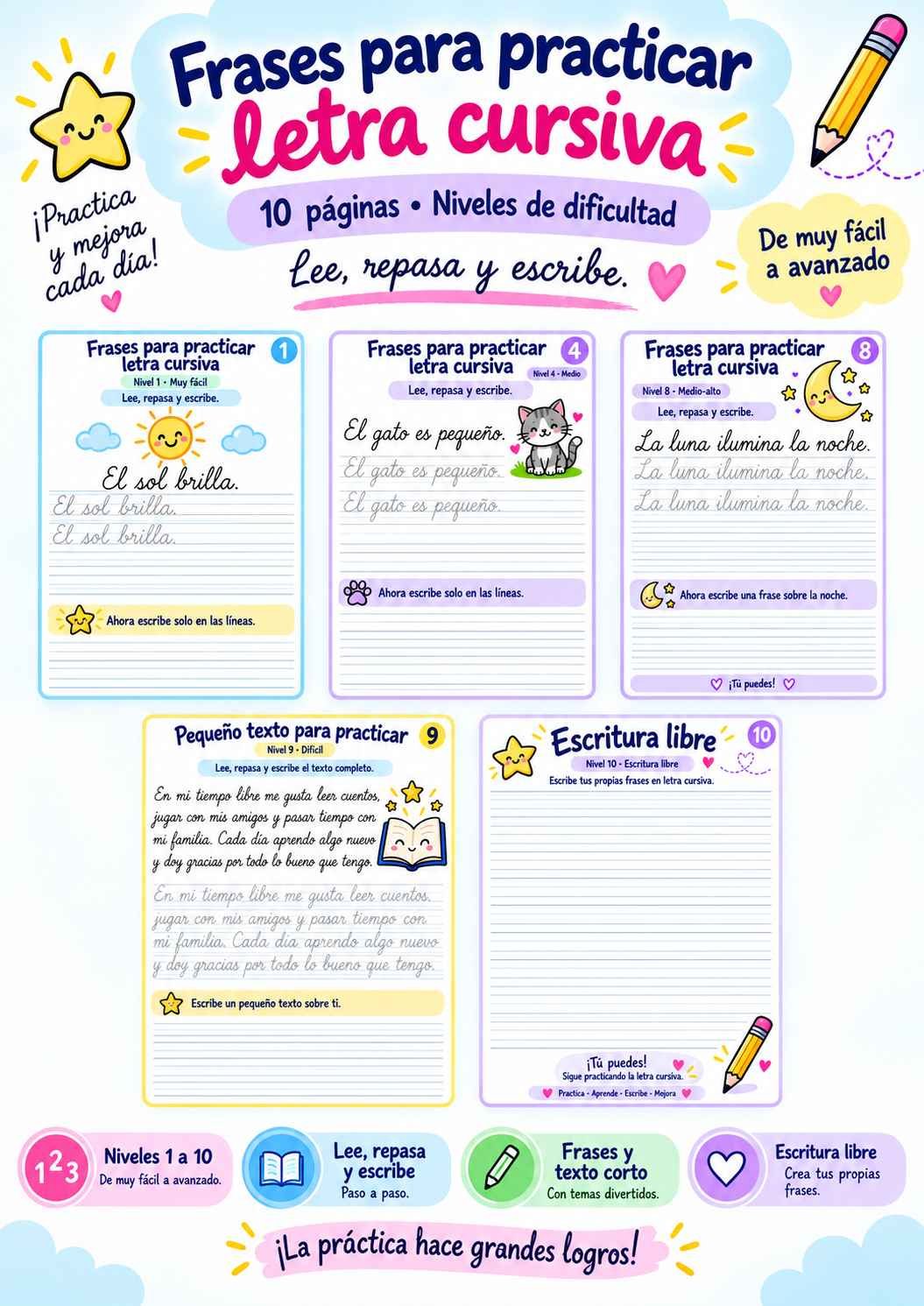 Vista previa de frases cursivas por niveles de dificultad