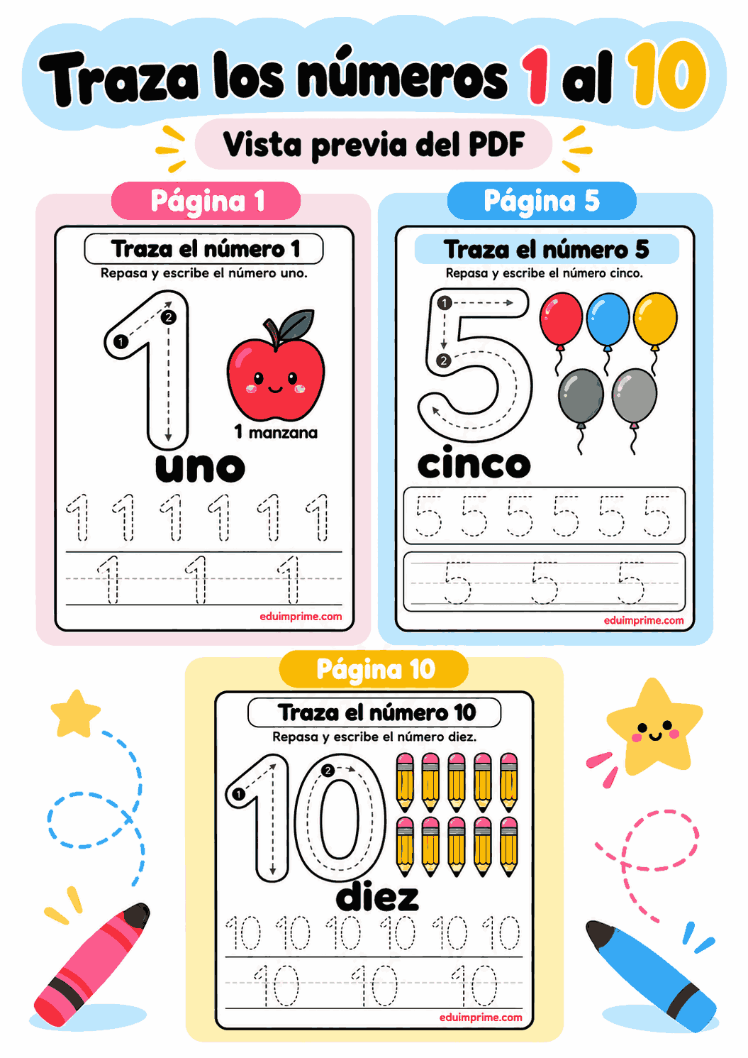 Vista previa de los números punteados del 1 al 10 para trazar