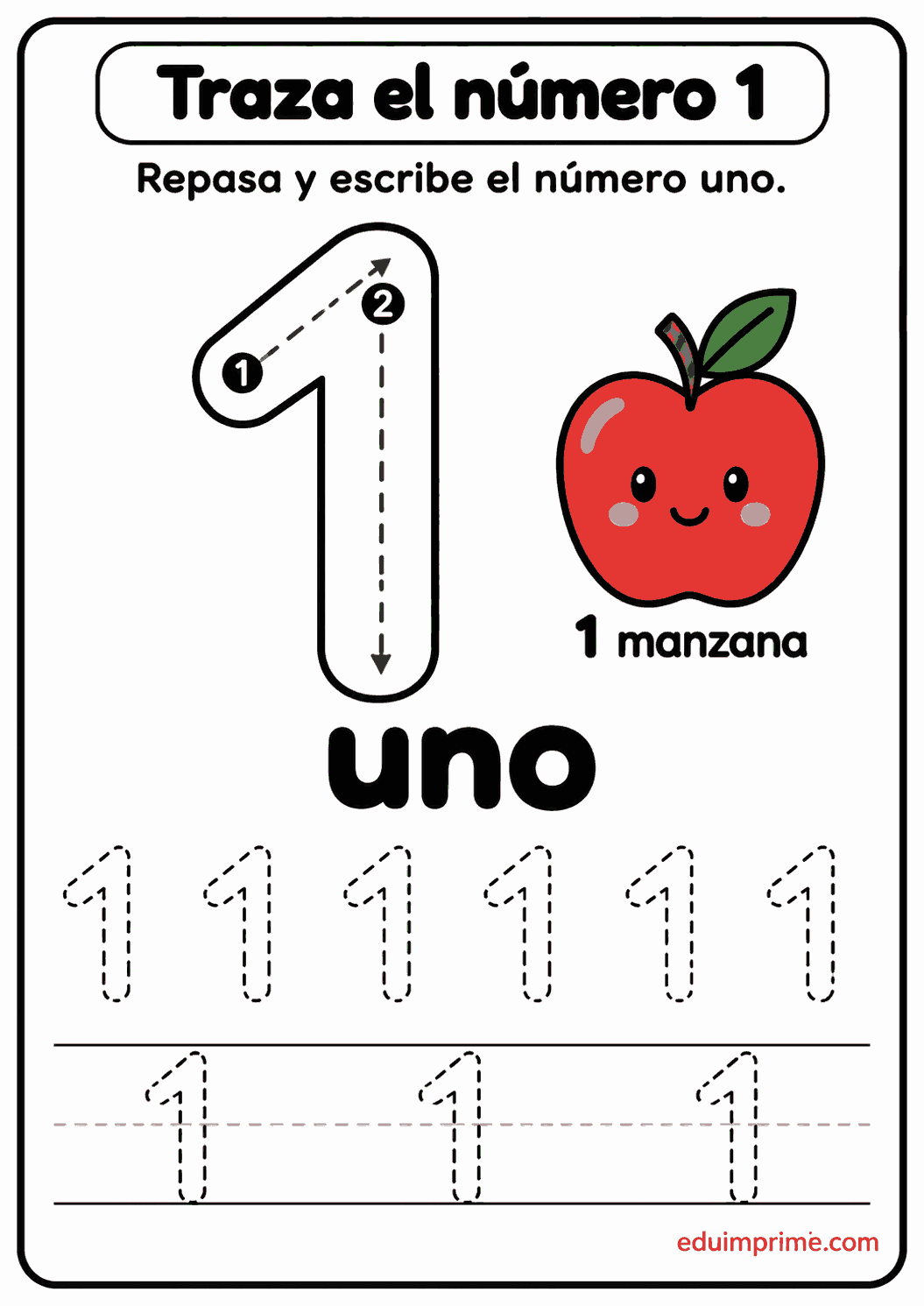 Ficha punteada del número 1 para trazar