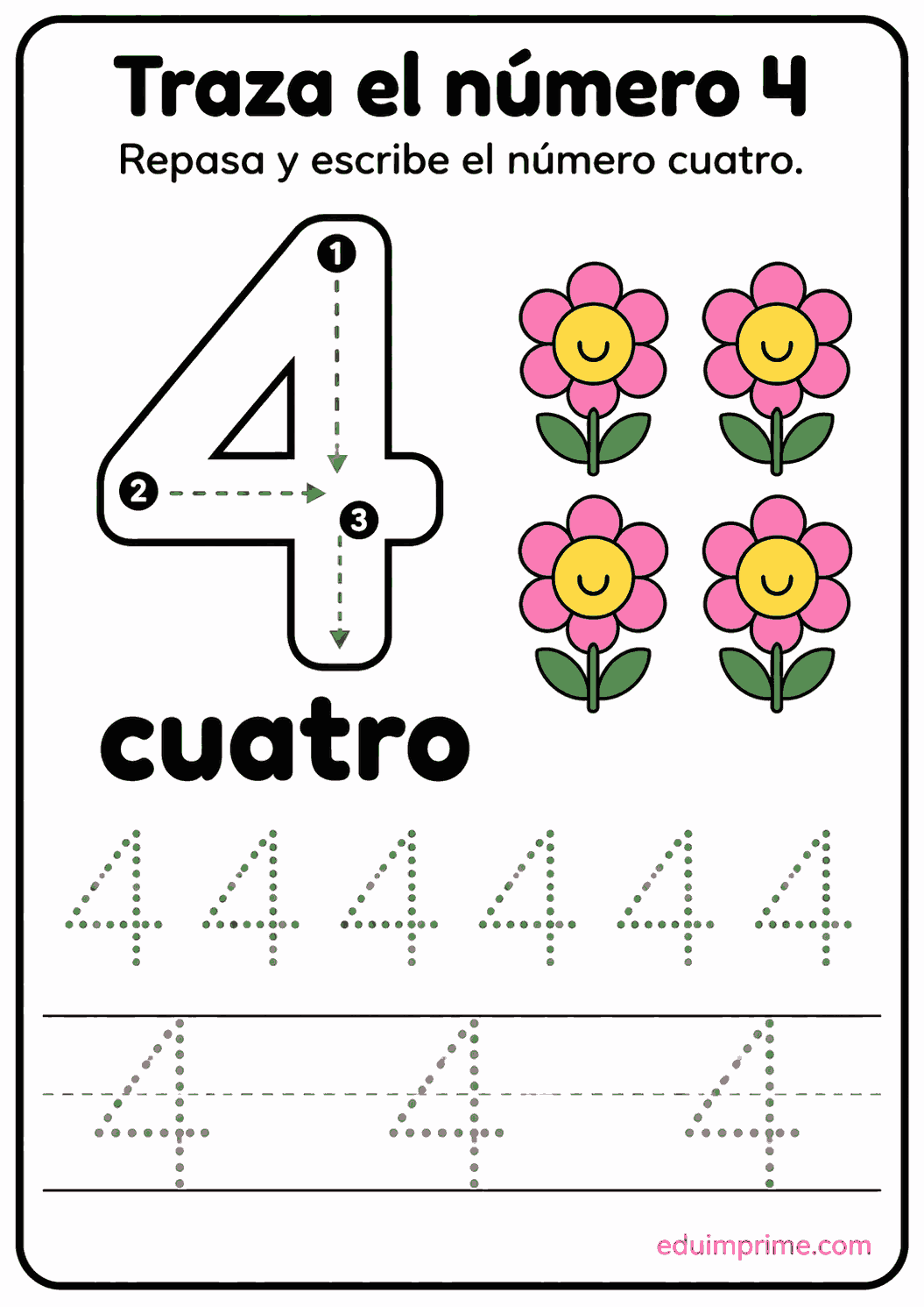 Ficha punteada del número 4 para trazar
