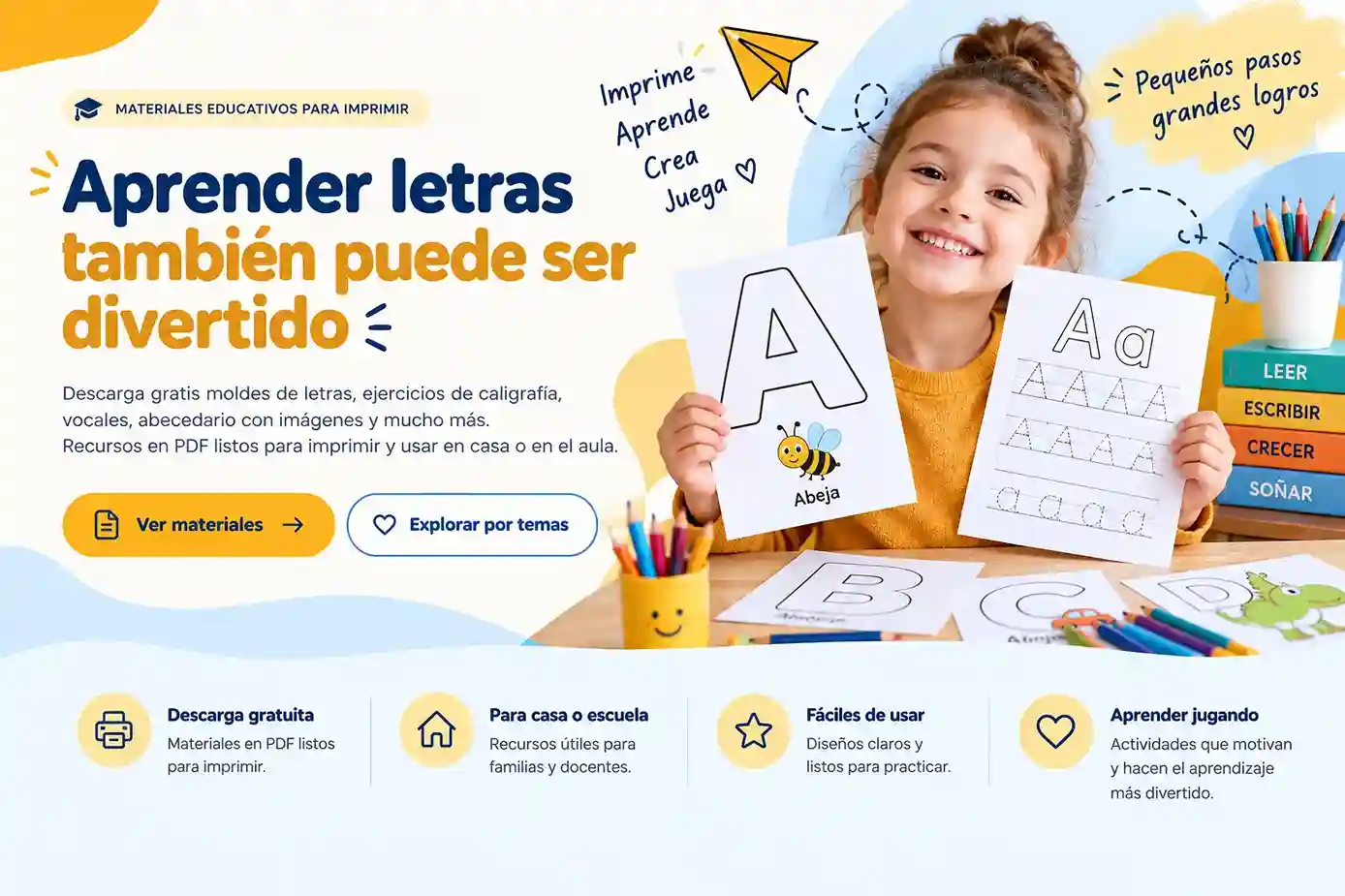 Niña aprendiendo las letras con fichas educativas para imprimir