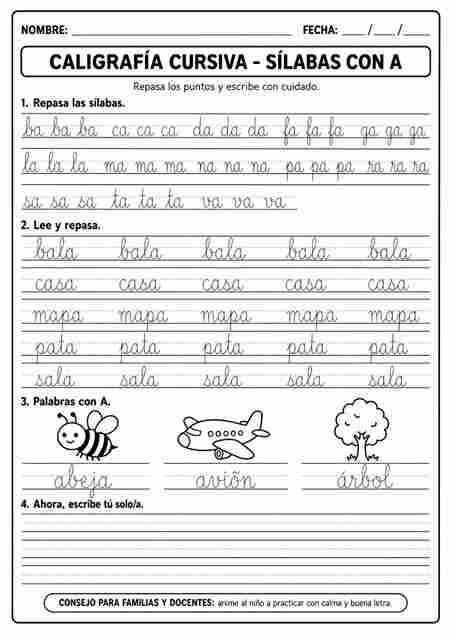 Ejercicios de caligrafía cursiva con sílabas