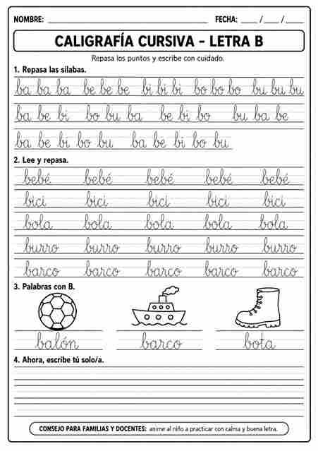 Ficha de sílabas en letra cursiva para imprimir