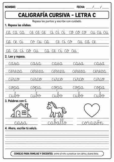 Caligrafía cursiva con sílabas y palabras para niños