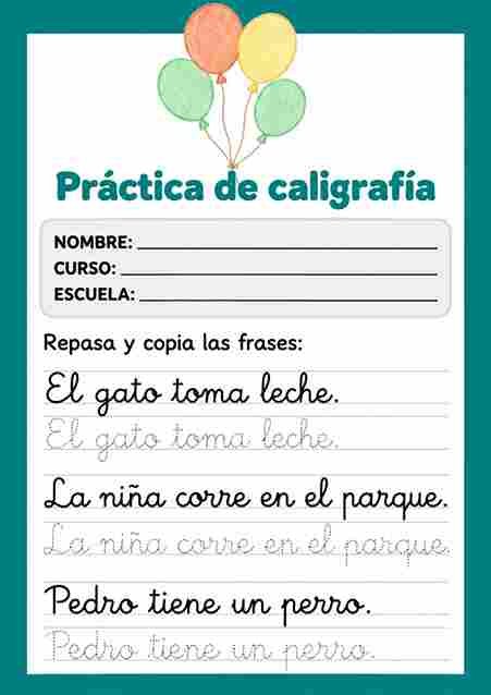 Ficha de frases en letra cursiva para niños