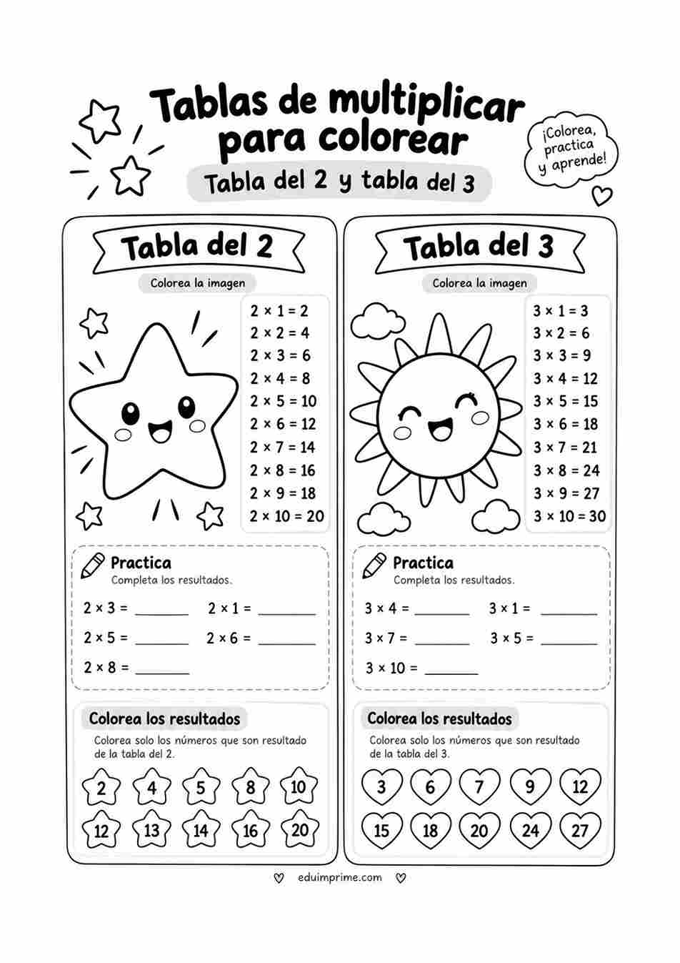 Tablas de multiplicar para colorear