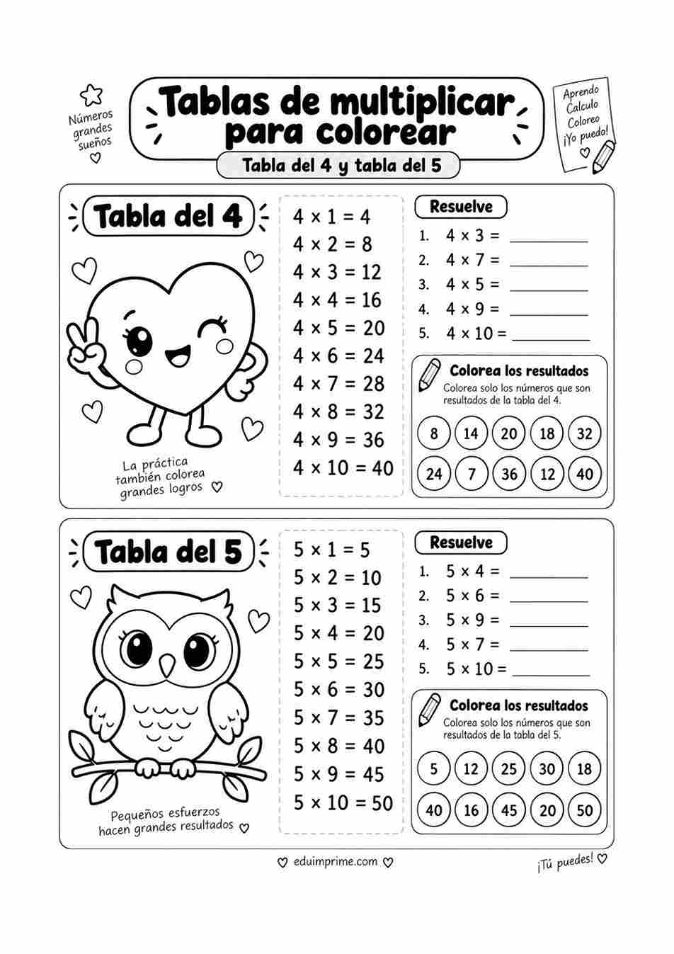 Ejercicios de tablas de multiplicar para colorear, hoja 2