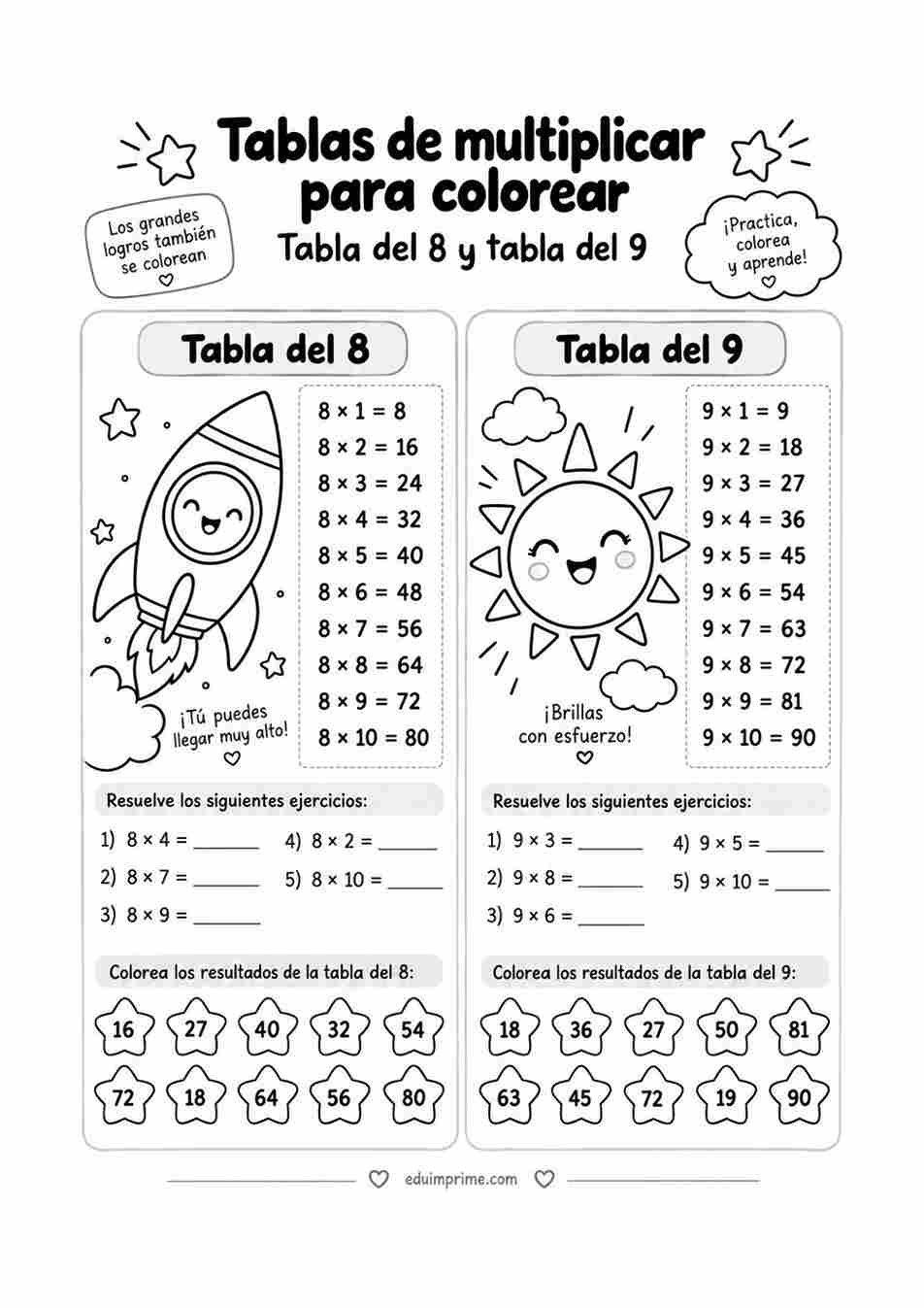 Ejercicios de tablas de multiplicar para colorear, hoja 3