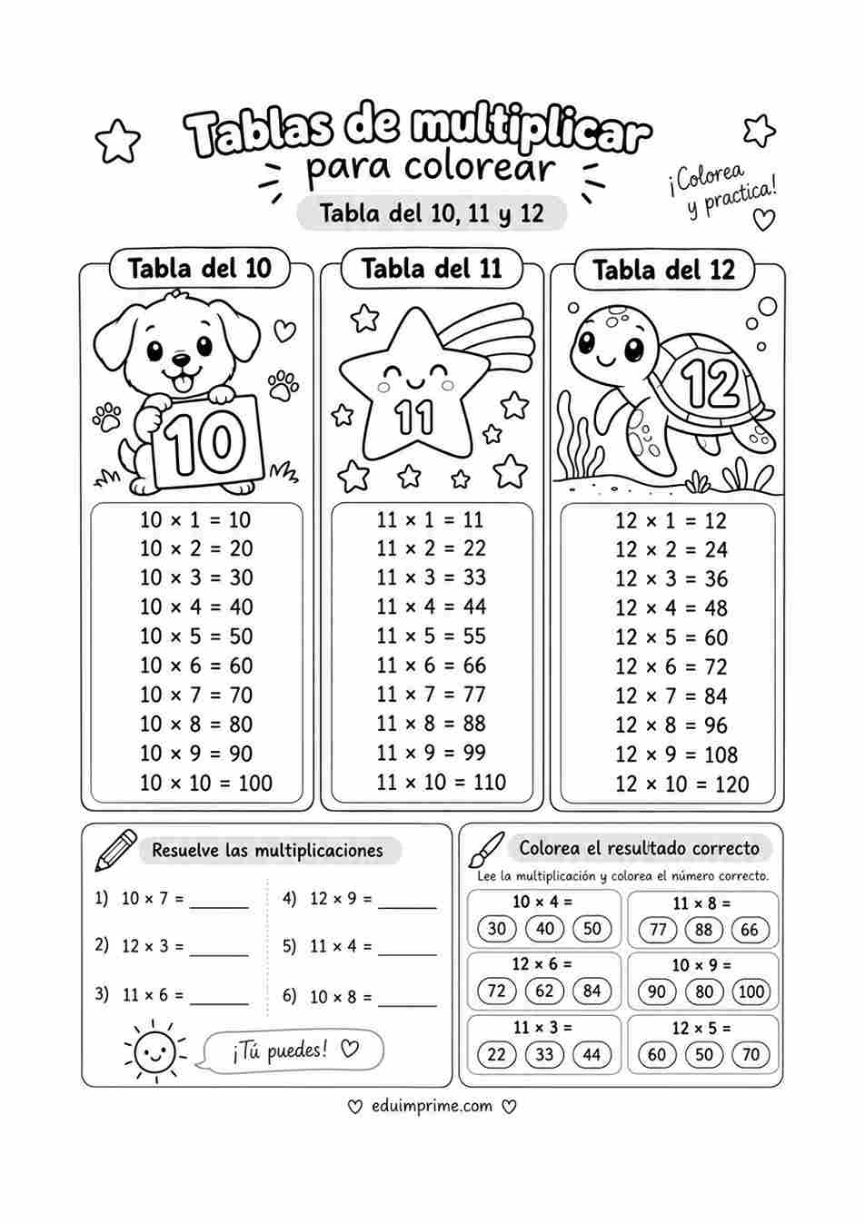 Ejercicios de tablas de multiplicar para colorear, hoja 4