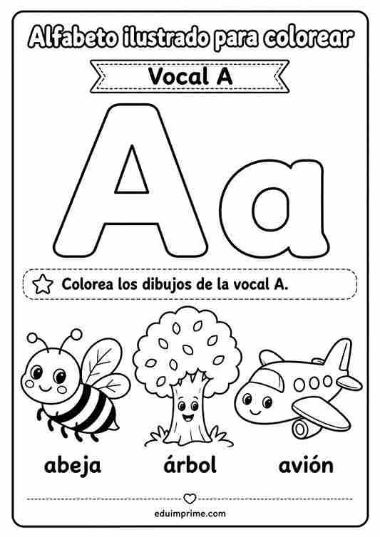 Vocal A ilustrada para colorear con abeja, árbol y avión