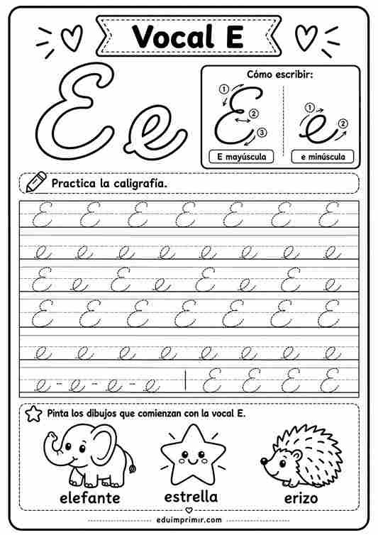 Vocal E de caligrafía para imprimir