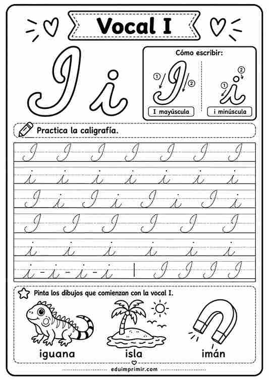 Vocal I de caligrafía para imprimir
